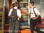 Mormon missionaries at a gas station